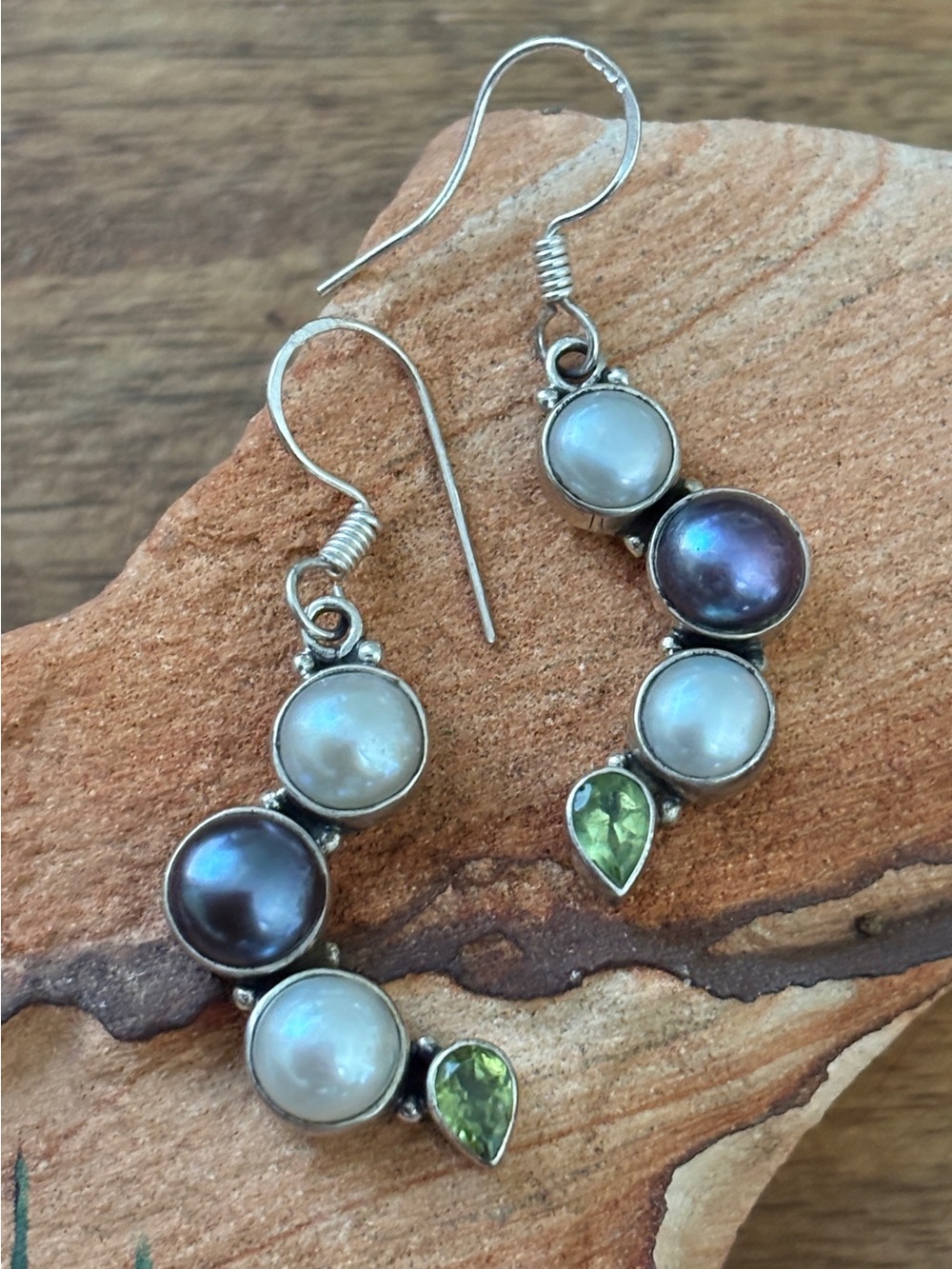 Sterling Silver Pearl and Peridot Drop Earrings - stunning!